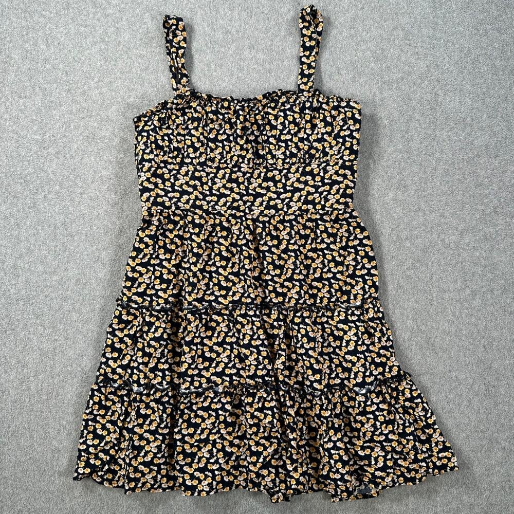 Row A Floral Mini Dress Size Small Navy Blue/Yellow Ruffle Tiered Sundress